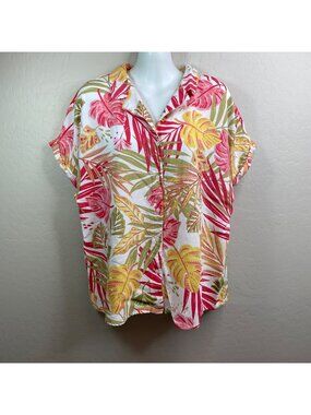 Emily Daniels Womens Button-Up Red Yellow Green Tropical Leaf Pattern Size Large